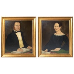 Vintage A Pair of 1820's Americana Oil Painted Portraits