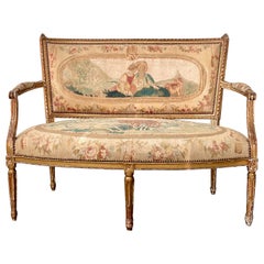 19th century French LXVI Style Gilt-wood Settee in Aubusson Tapestry Upholstery 