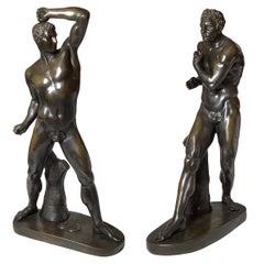 Antique Late 19th Century Pair Of Large Bronze Male Greek Wrestlers- Creugas & Damoxenos
