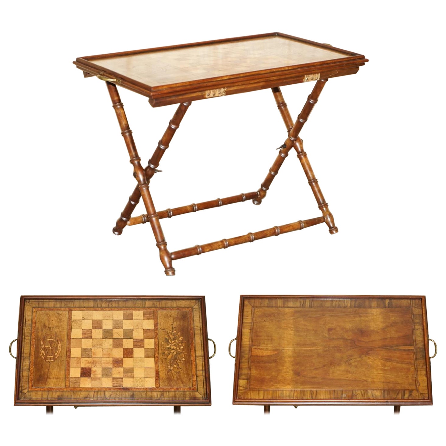 1885 DATED ANTiQUE WALNUT HARDWOOD CHESSBOARD FOLDING GAMES CHESS TRAY TABLE For Sale