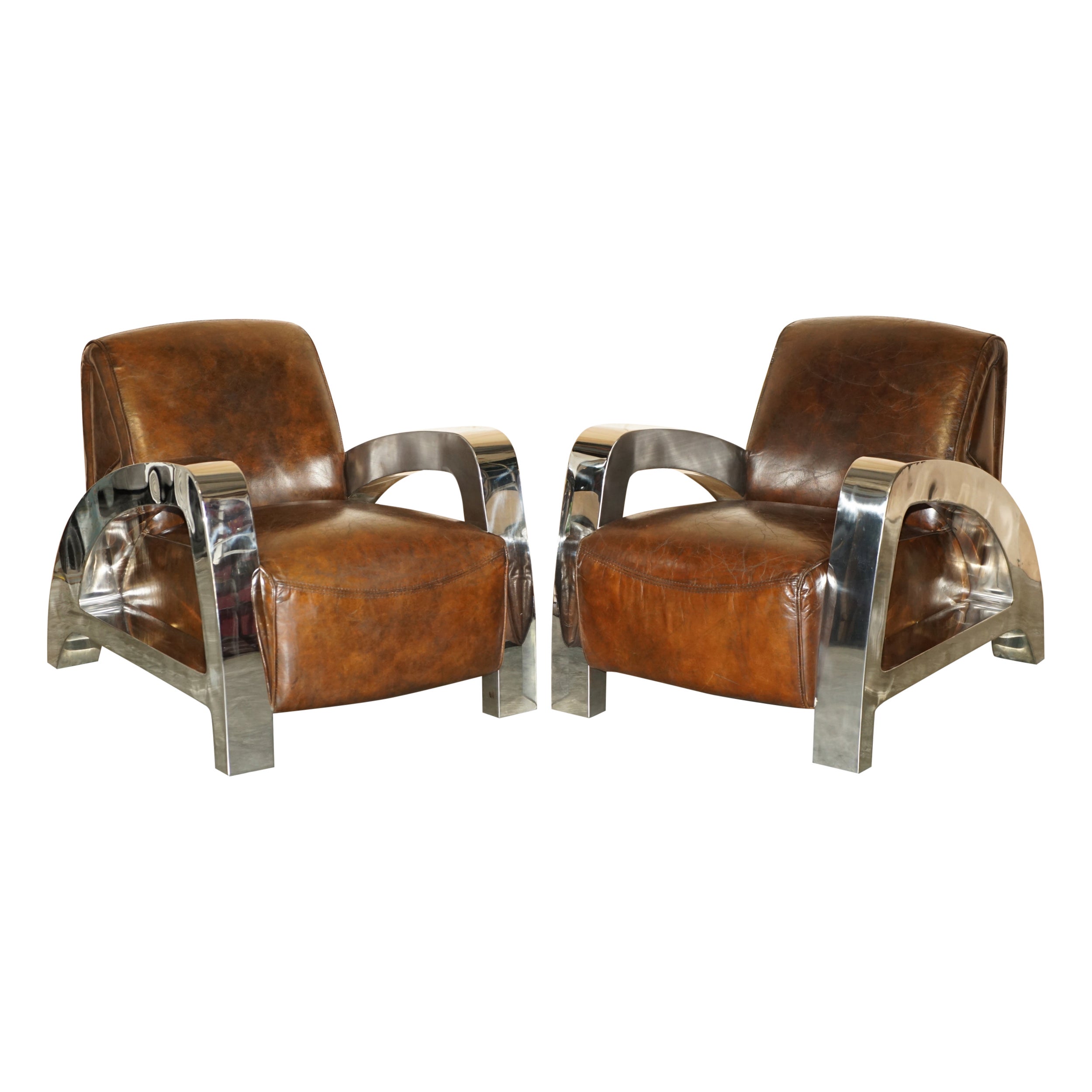 PAIR OF ViNTAGE ART DECO AVIATOR HERITAGE BROWN LEATHER & CHROME ARMCHAIRS