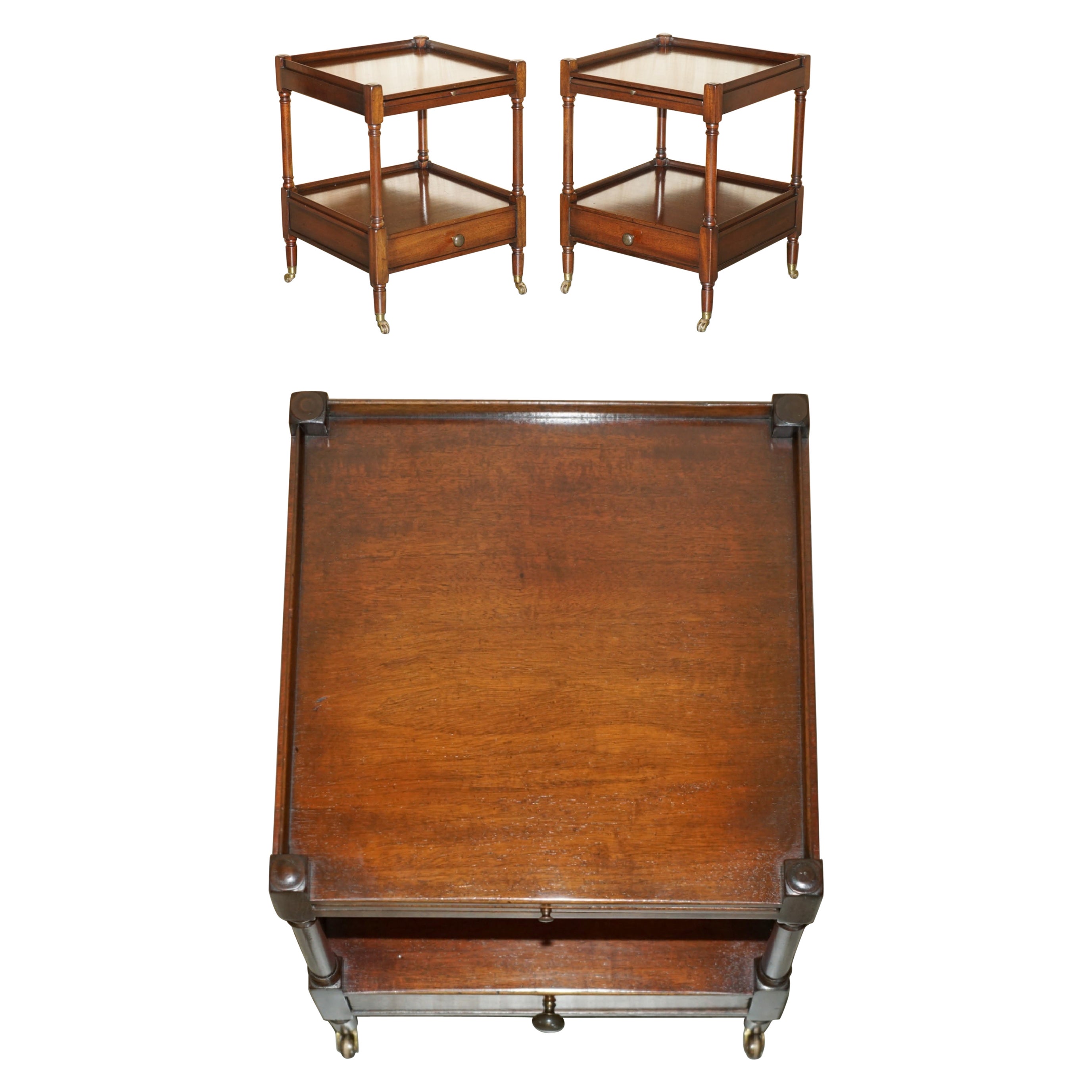 PAIR OF STUNNiNG TWO TIERED SIDE TABLES WITH BROWN LEATHER BUTLERS SERVING TRAYS