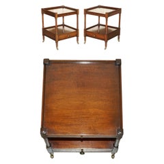 Vintage PAIR OF STUNNiNG TWO TIERED SIDE TABLES WITH BROWN LEATHER BUTLERS SERVING TRAYS