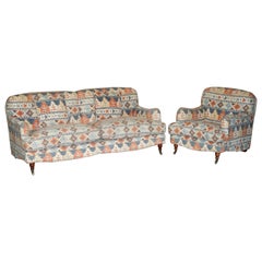 ViNTAGE HOWARD & SON'S KILIM STYLE SOFA AND ARMCHAIR SUITE DISTRESSED FABRIC