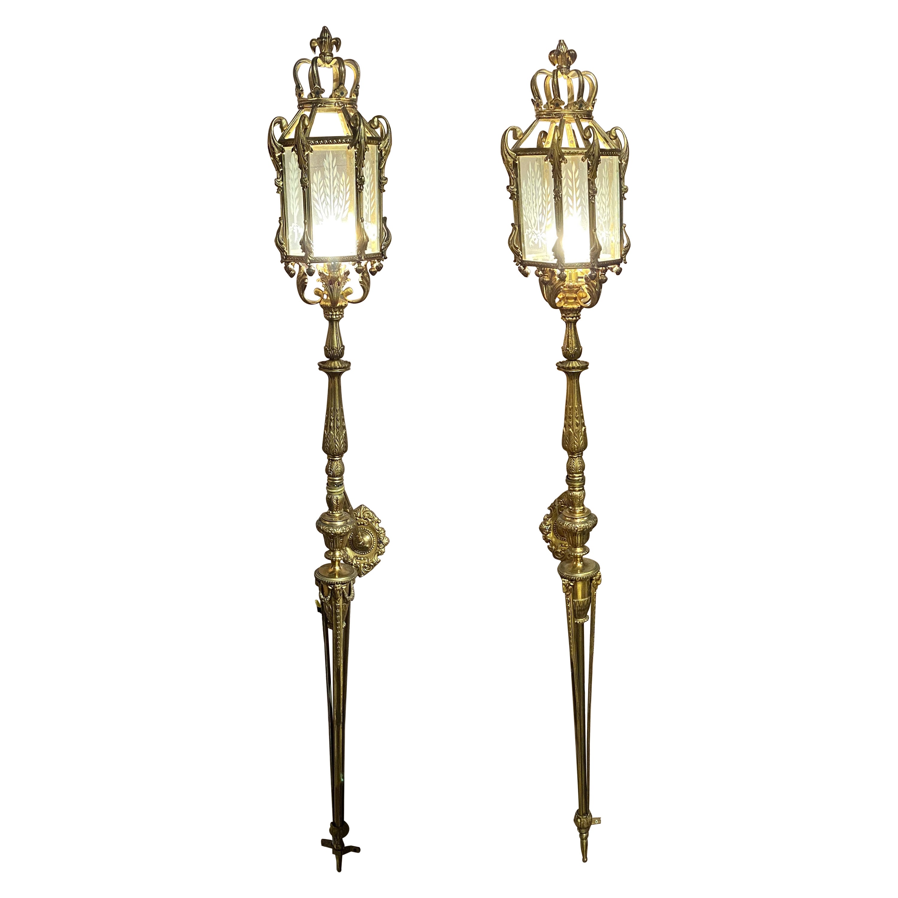 Pair of Spanish Wall Mounted Brass Torchieres For Sale