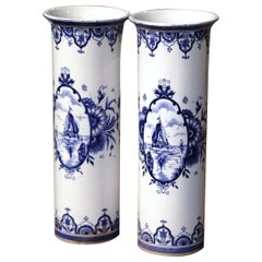 Retro Pair of Mid-Century Belgium Hand Painted Faience Vases with Sailboat Motifs