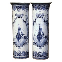 Antique Pair of 19th Century Dutch Hand Painted Faience Delft Vases with Sailboat Motifs