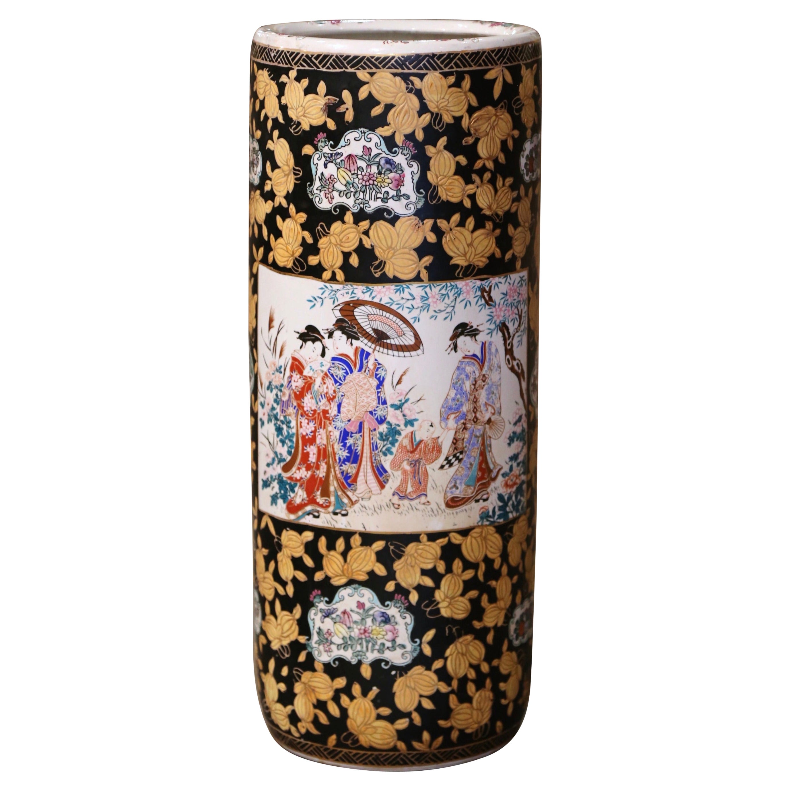 Mid-Century Chinese Painted & Gilt Famille Rose Porcelain Umbrella Stand For Sale