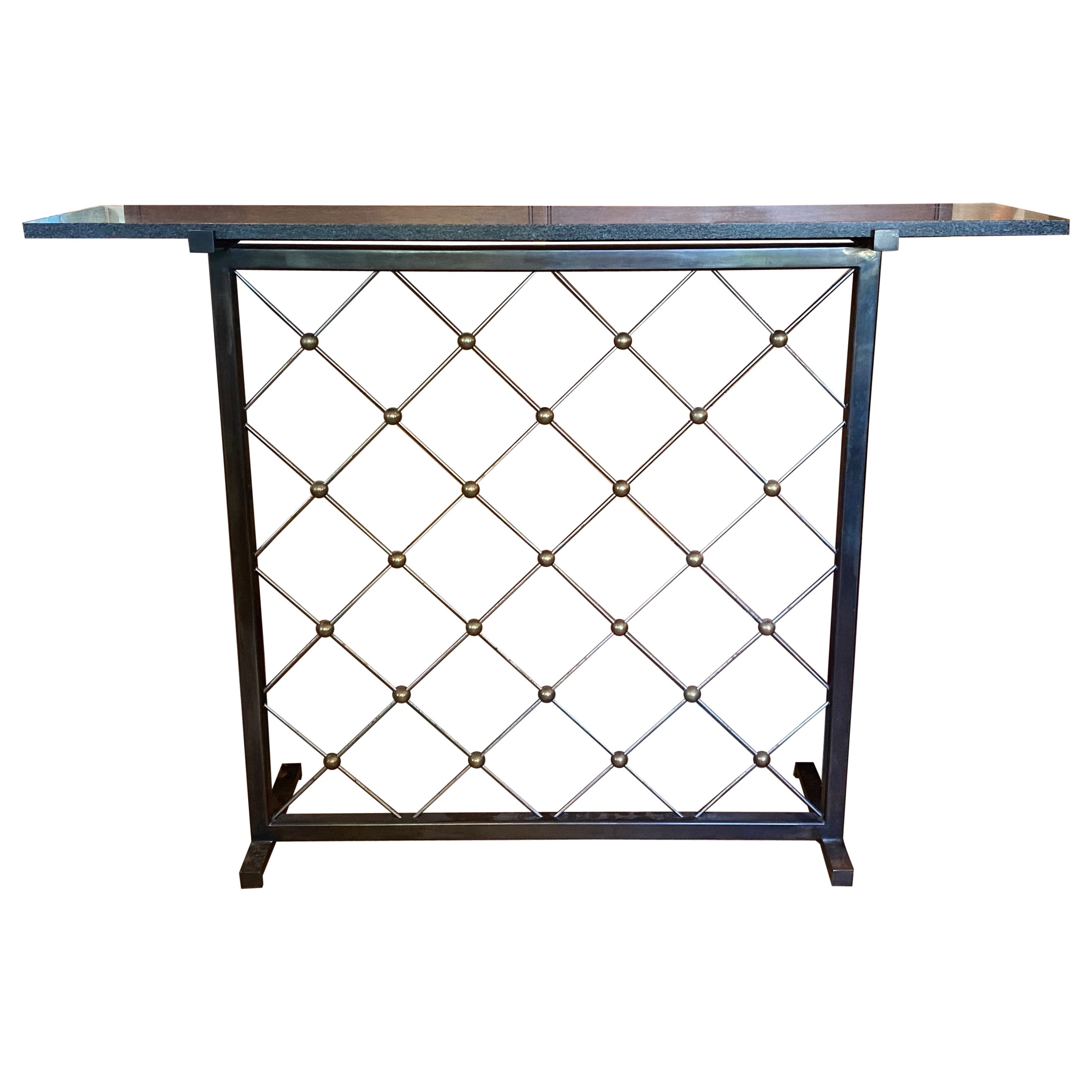 Stone Top Steel and Brass Console Table in the Style of Royere "Tour Eiffel" For Sale