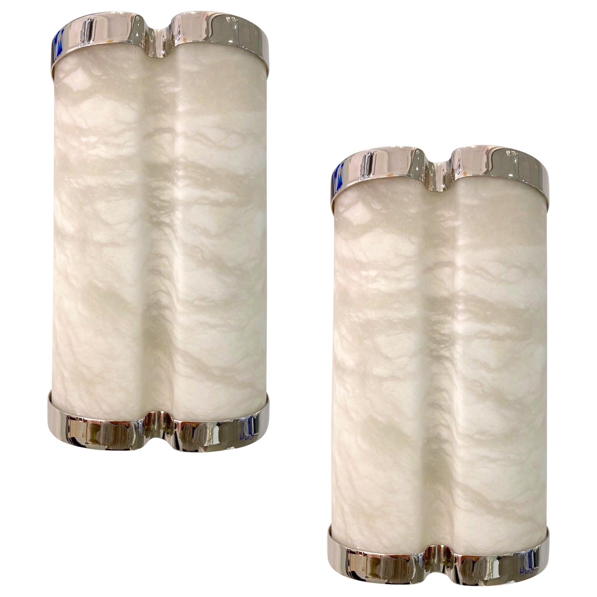 Bespoke Italian Art Deco Style Cream White Alabaster Pair Nickel Edged Sconces For Sale