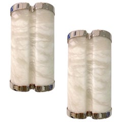 Bespoke Italian Art Deco Style Cream White Alabaster Pair Nickel Edged Sconces