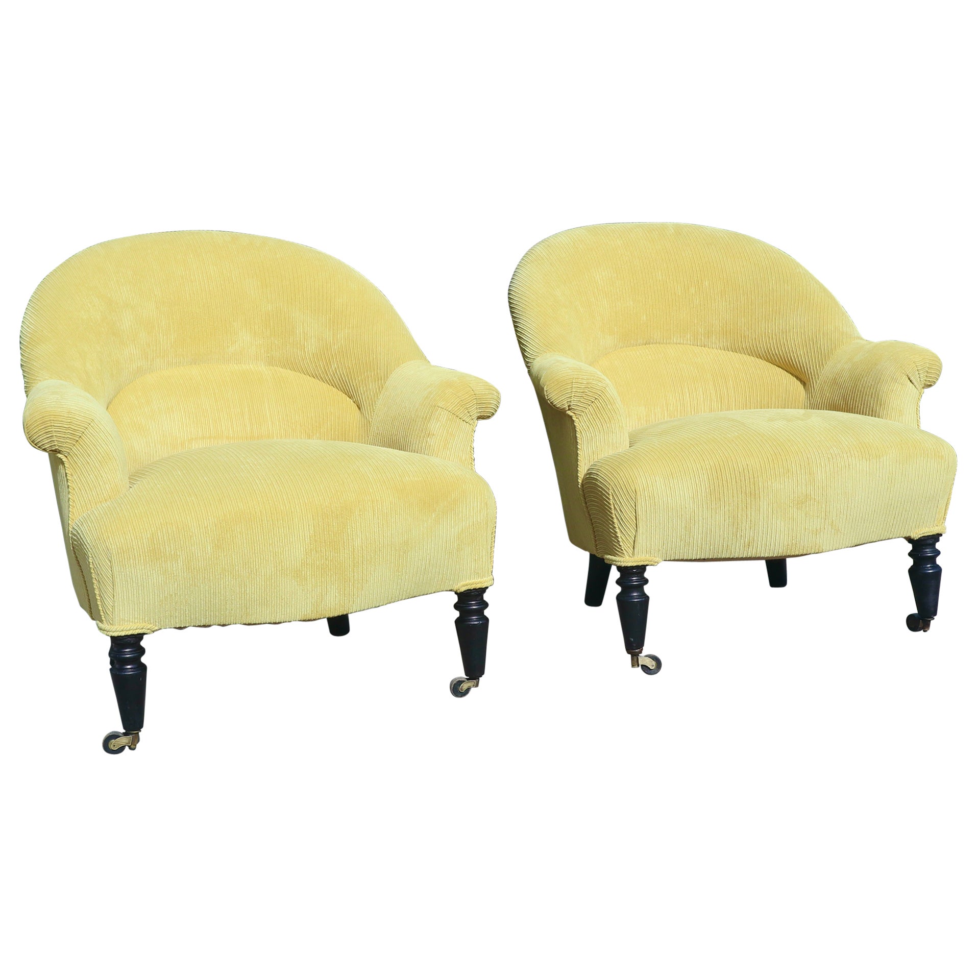  Pair of French 19th century Napoleon III crapaud armchairs in corduroy textile  For Sale