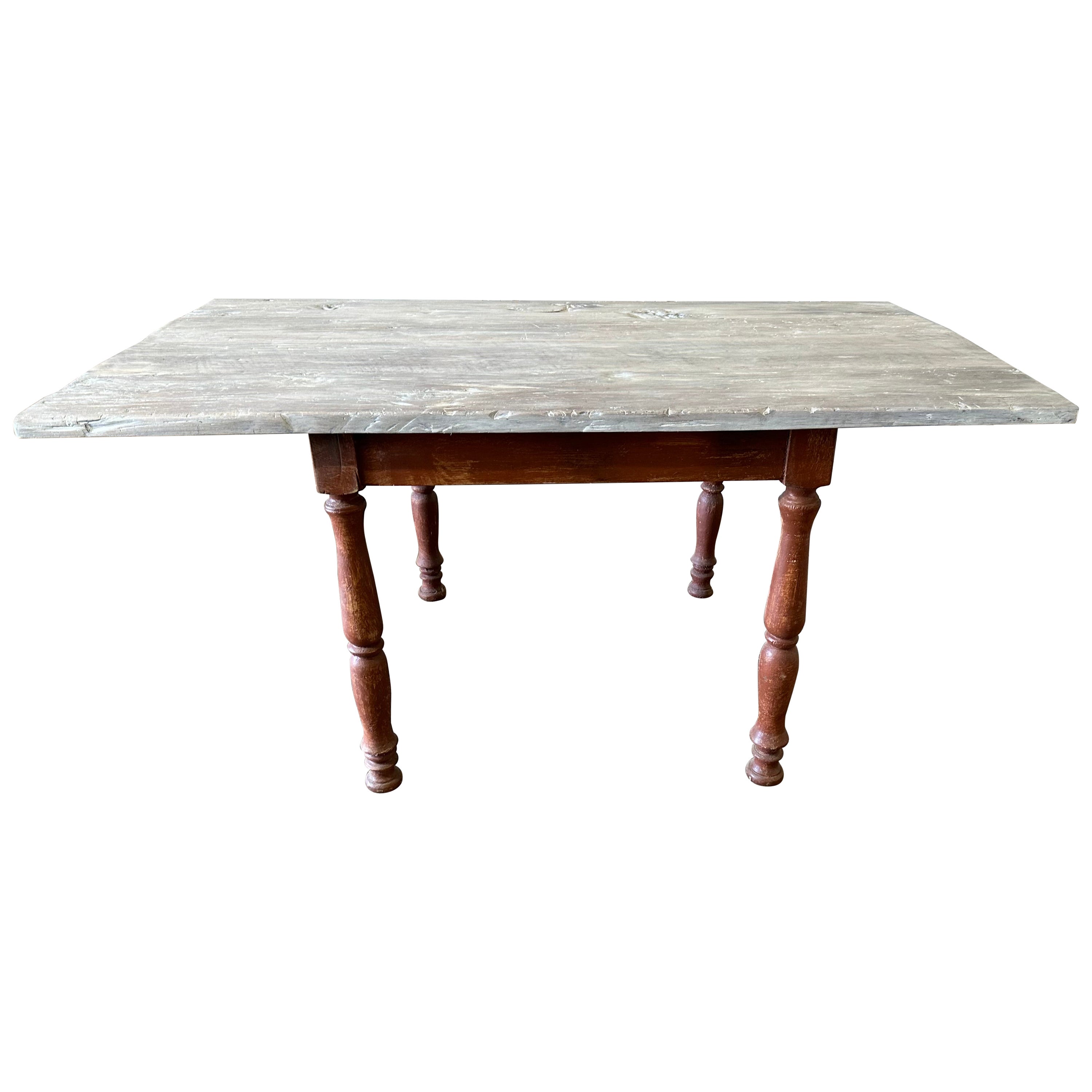 Vintage Swedish Style White Washed Table Painted Base Dining Table For Sale