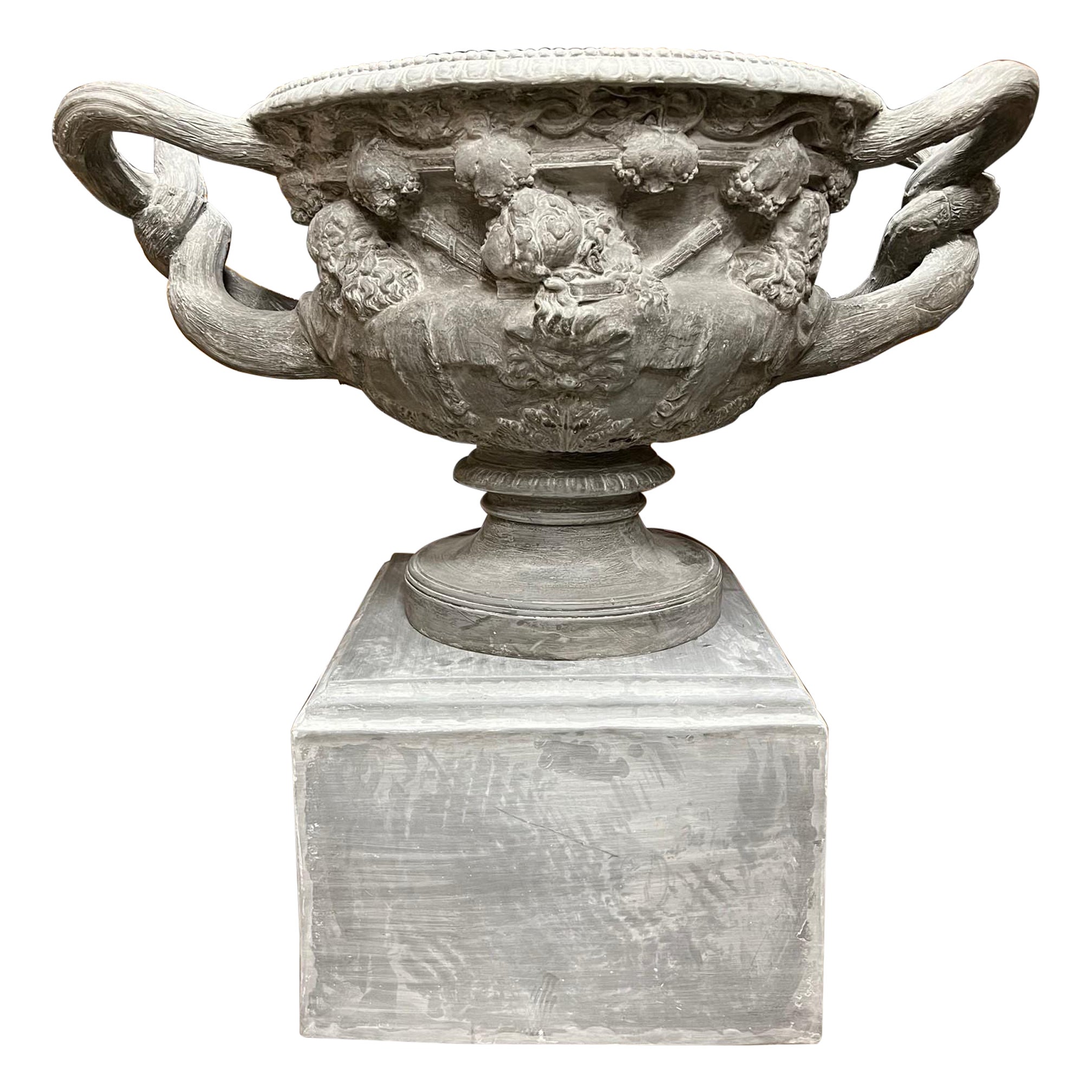 Monumental Reproduction Fiberglass Urn with Large Handles on a Pedestal  For Sale