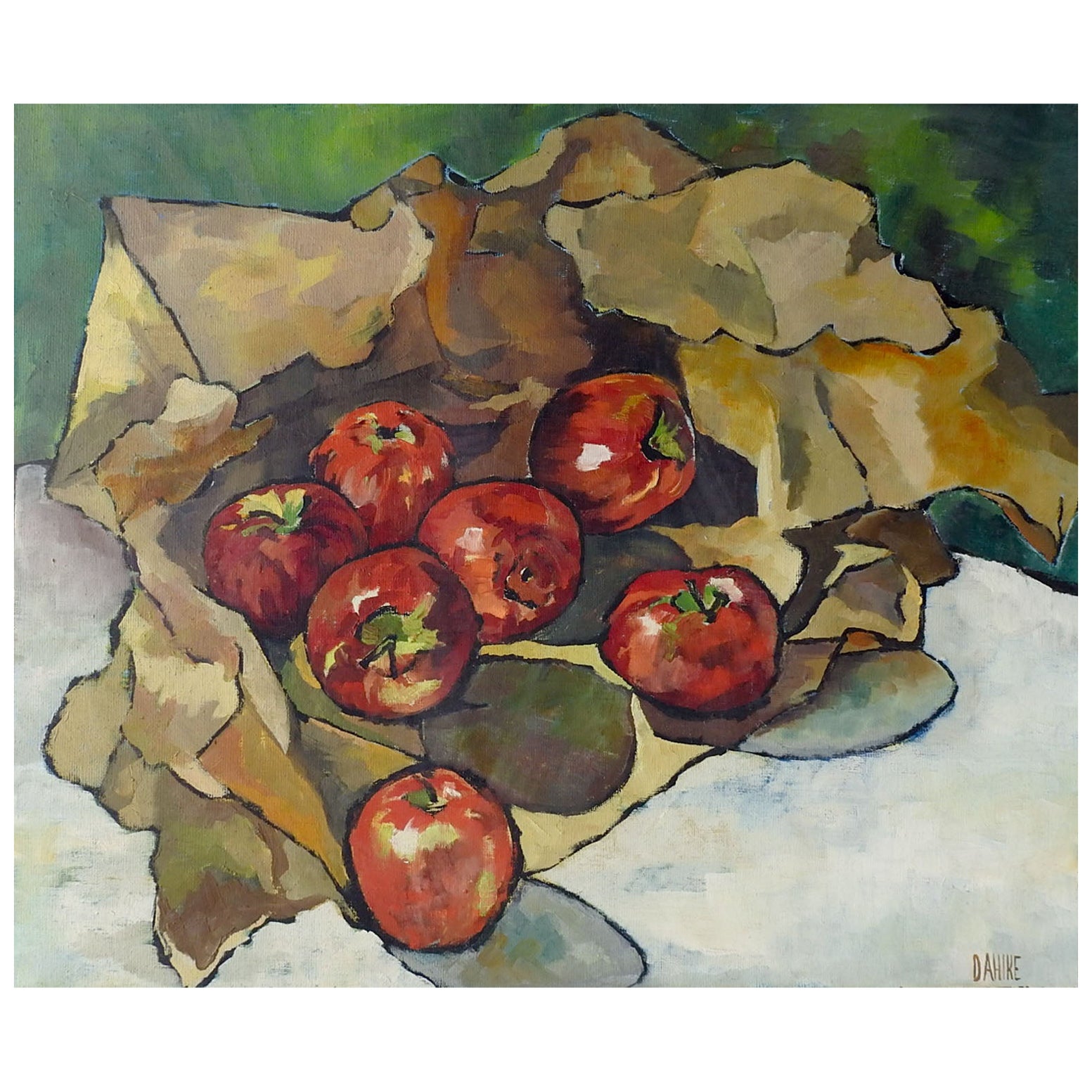 Vintage Modernist Stillleben Gemälde mit Äpfeln
