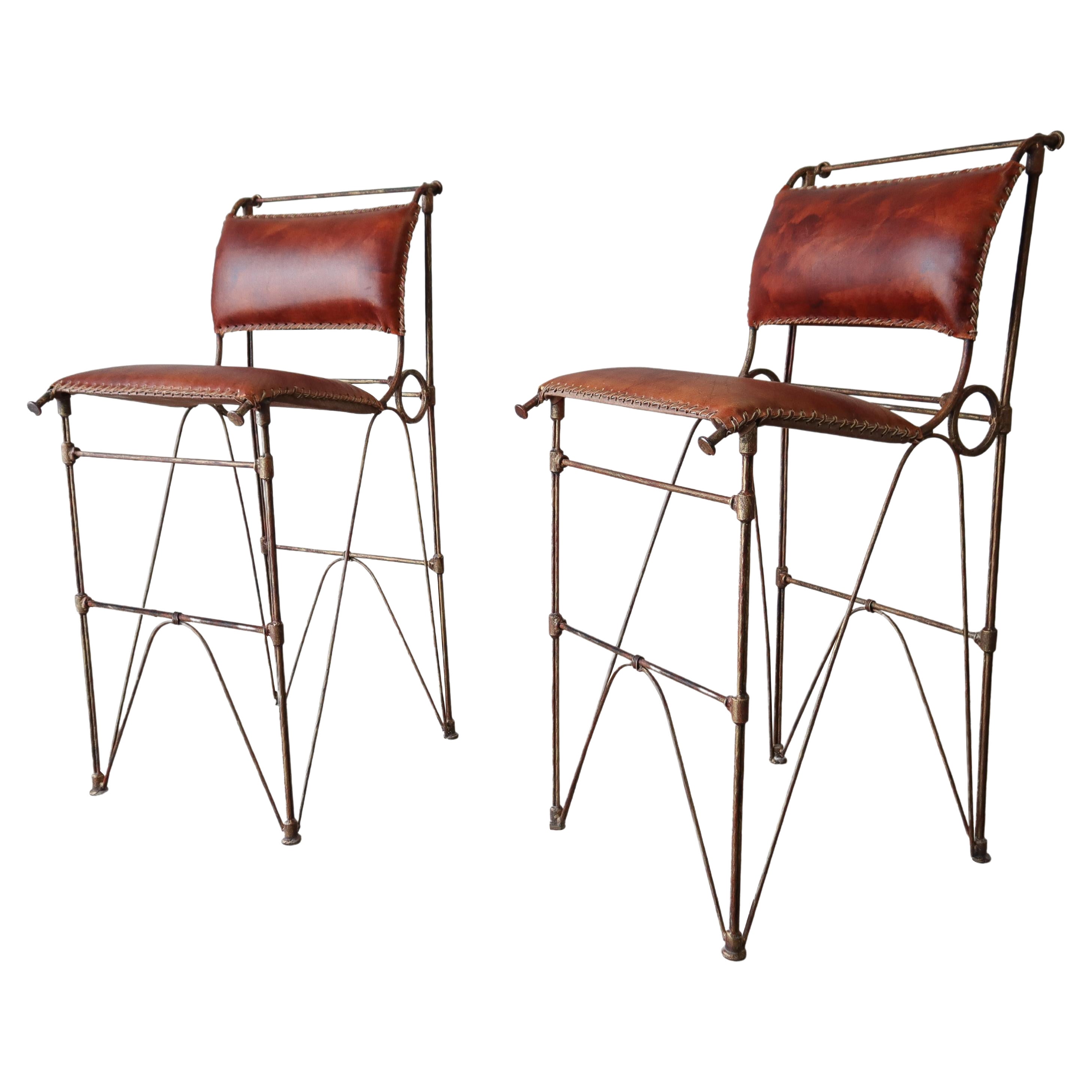 Rustic Pair of Leather Bar Stools by Ilana Goor