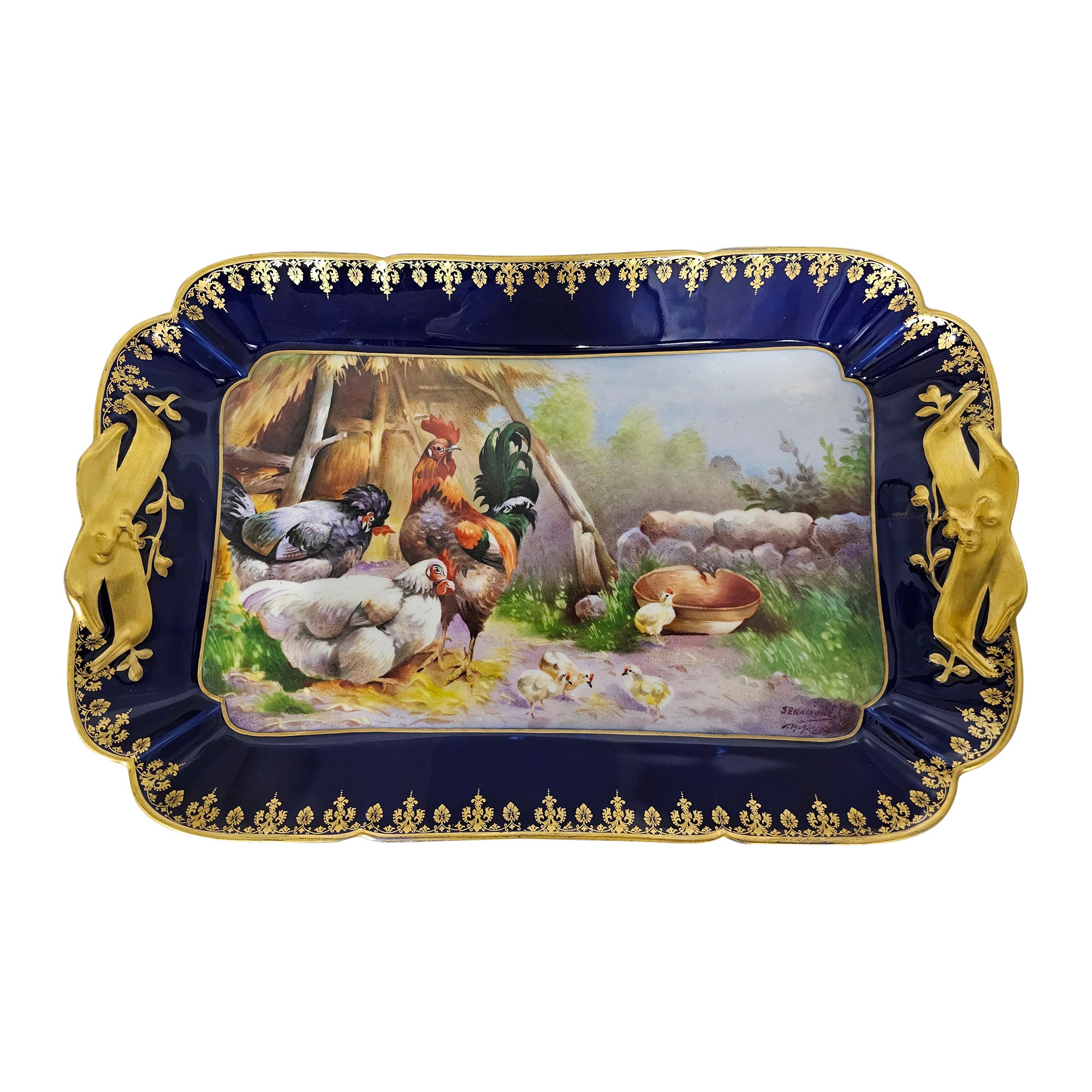 1909 Limoges Hand-Painted Blue Cobalt and Double Gilt Decorated Platter, Signed For Sale