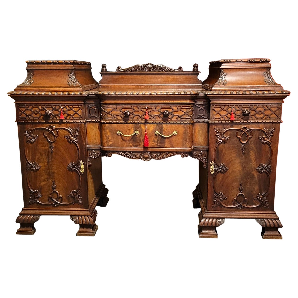 19C English Chinese Chippendale Mahogany Buffet or Sideboard For Sale