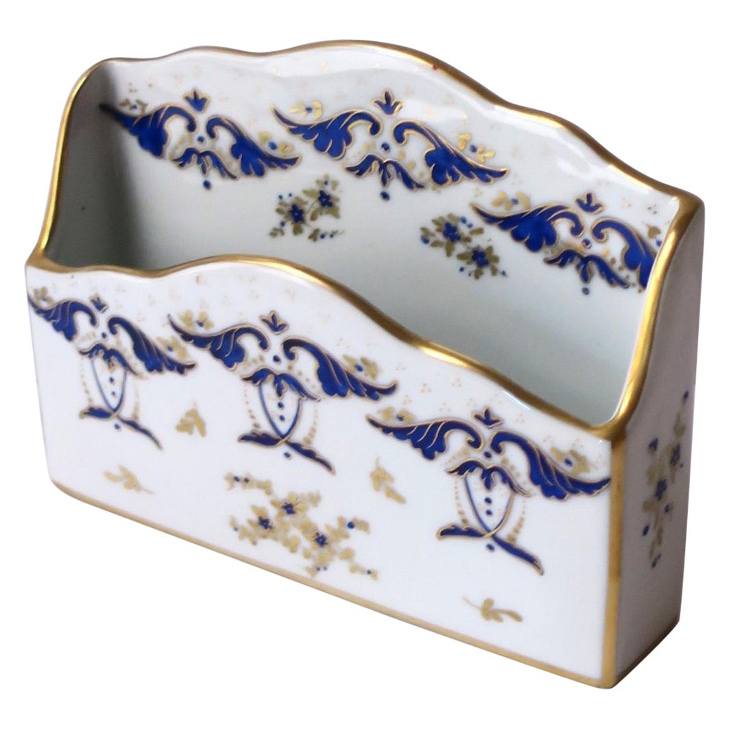 French Blue Gold and White Porcelain Desk Letter Mail Holder from Paris For Sale