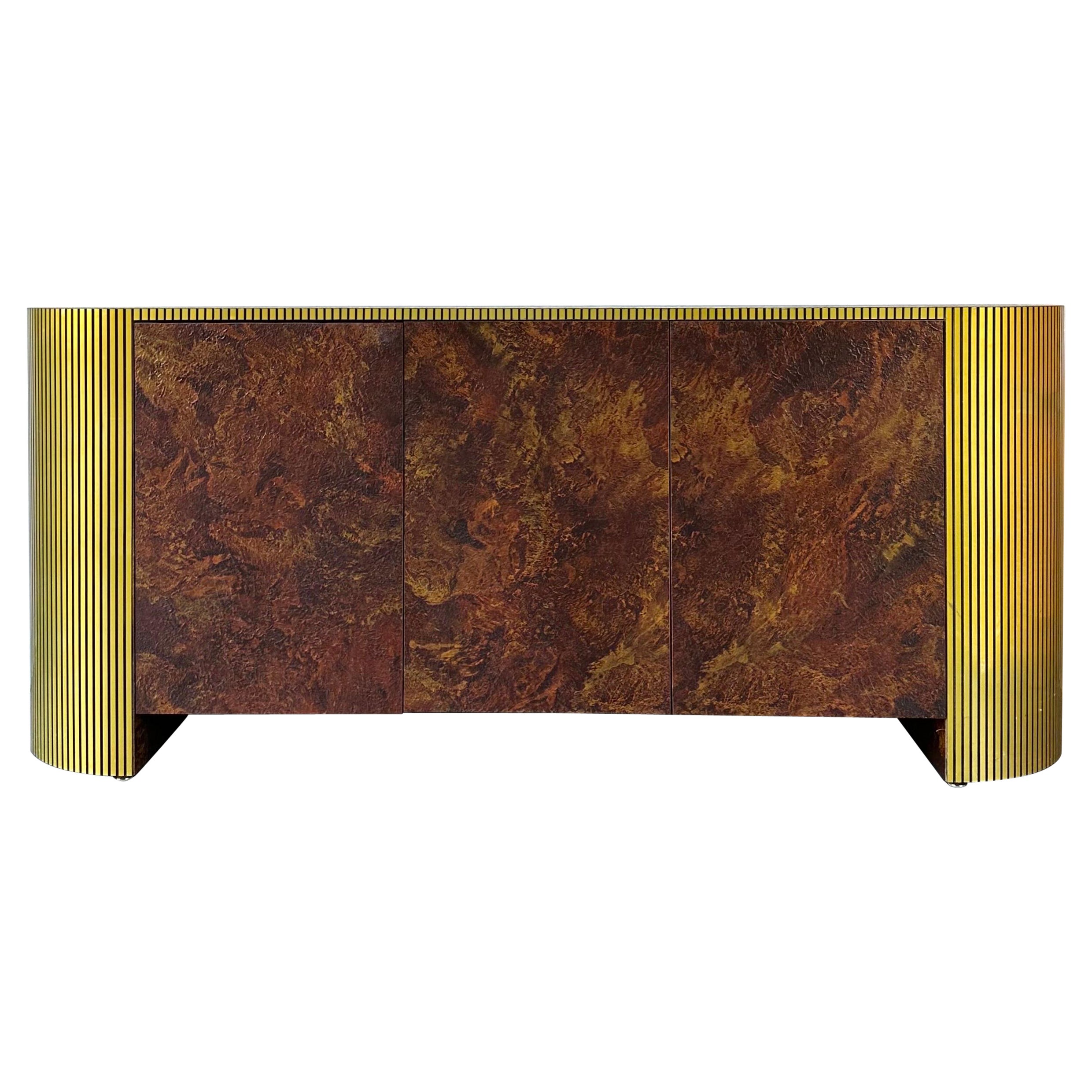 Post modern vintage faux Olive Burl and brass pill shape credenza  For Sale