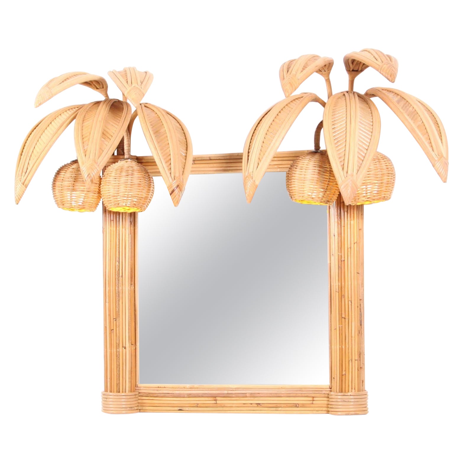 Rattan luminous double coconuts wall mirror  For Sale