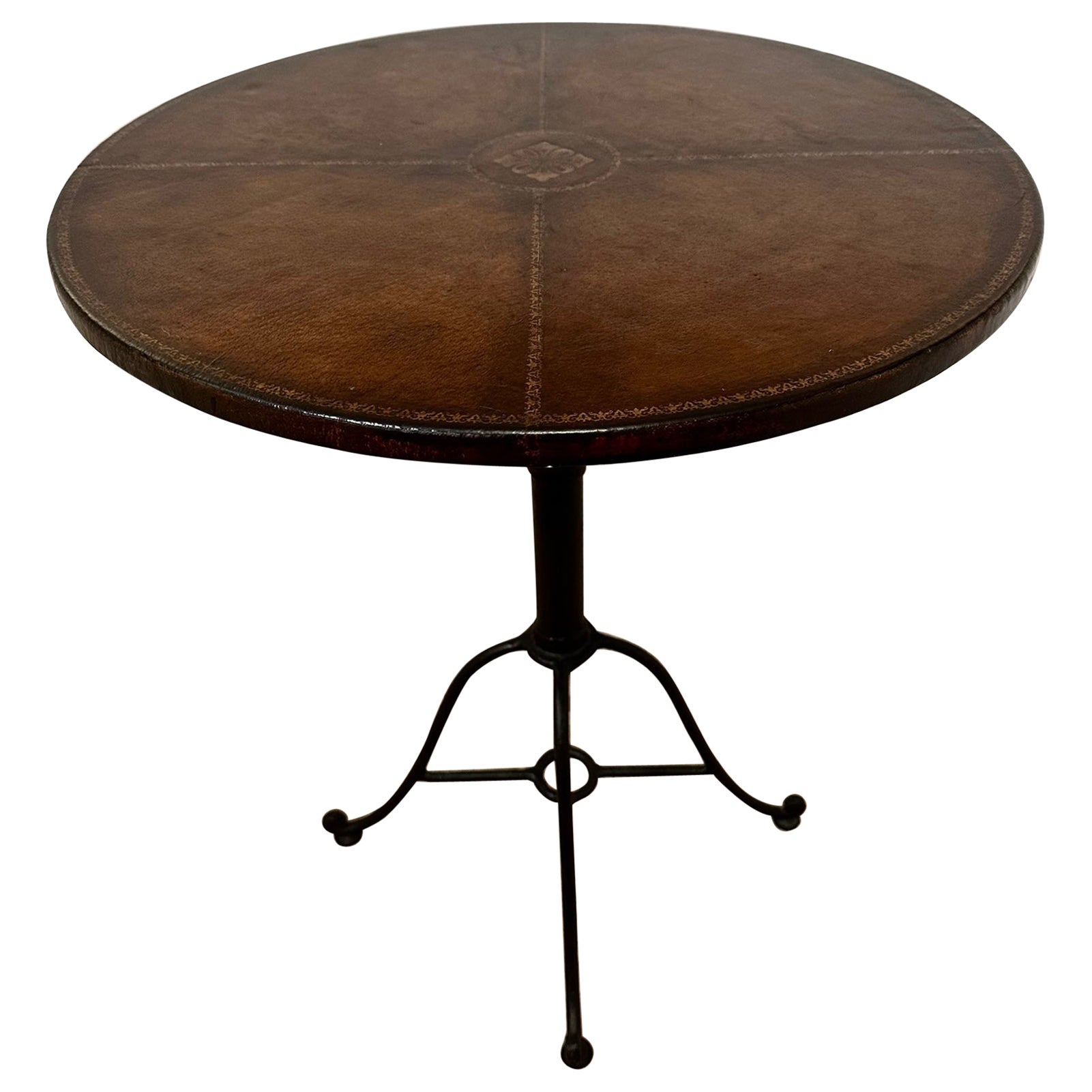 Tooled Leather and Iron Round Side Table For Sale