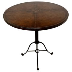 Used Tooled Leather and Iron Round Side Table