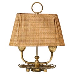 Rare Paavo Tynell Style Table Lamp in Brass and Wooden Teak Shade, 1940s 