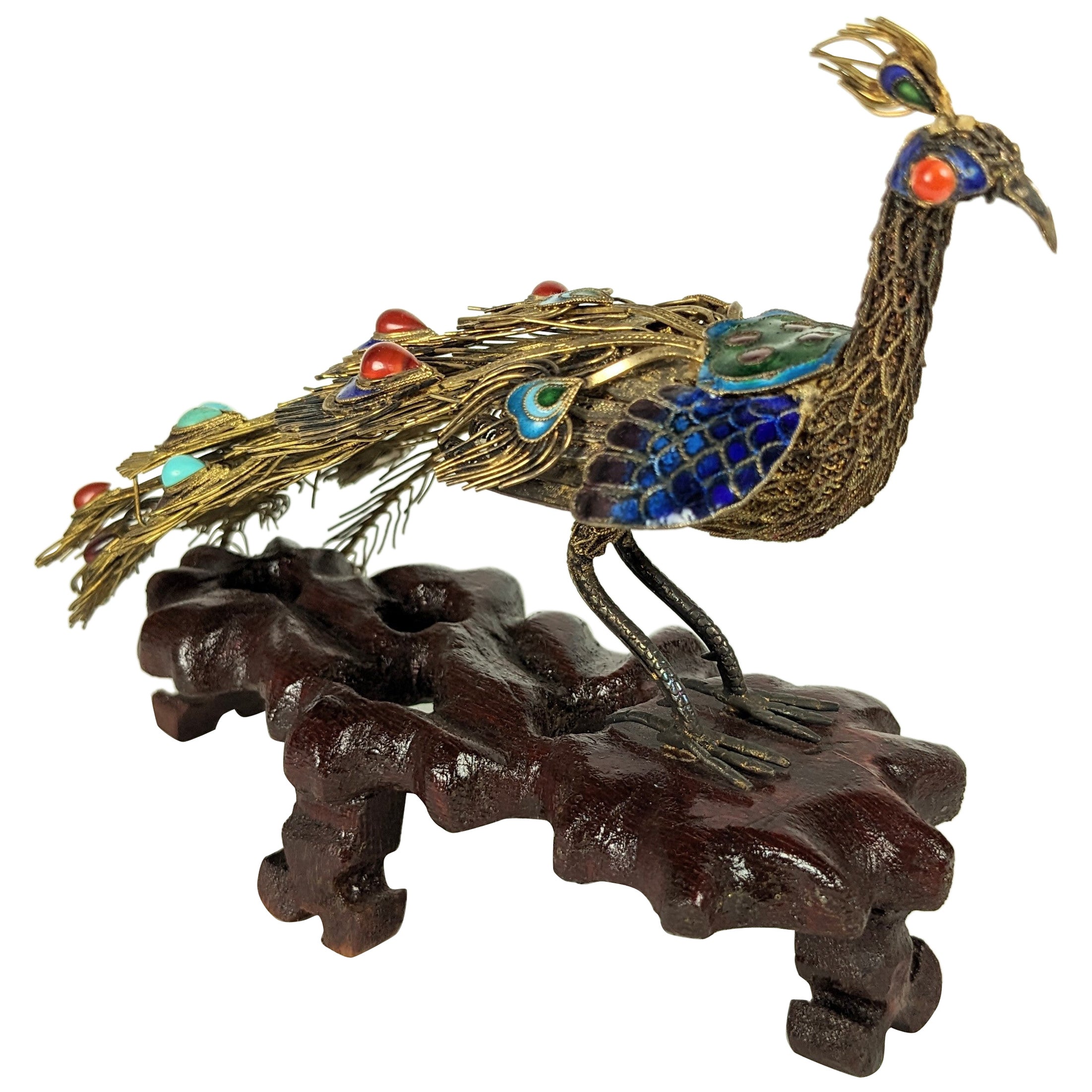 Antique Chinese Silver Gilt and Enamel Peacock For Sale
