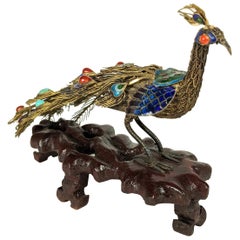 Antique Chinese Silver Gilt and Enamel Peacock
