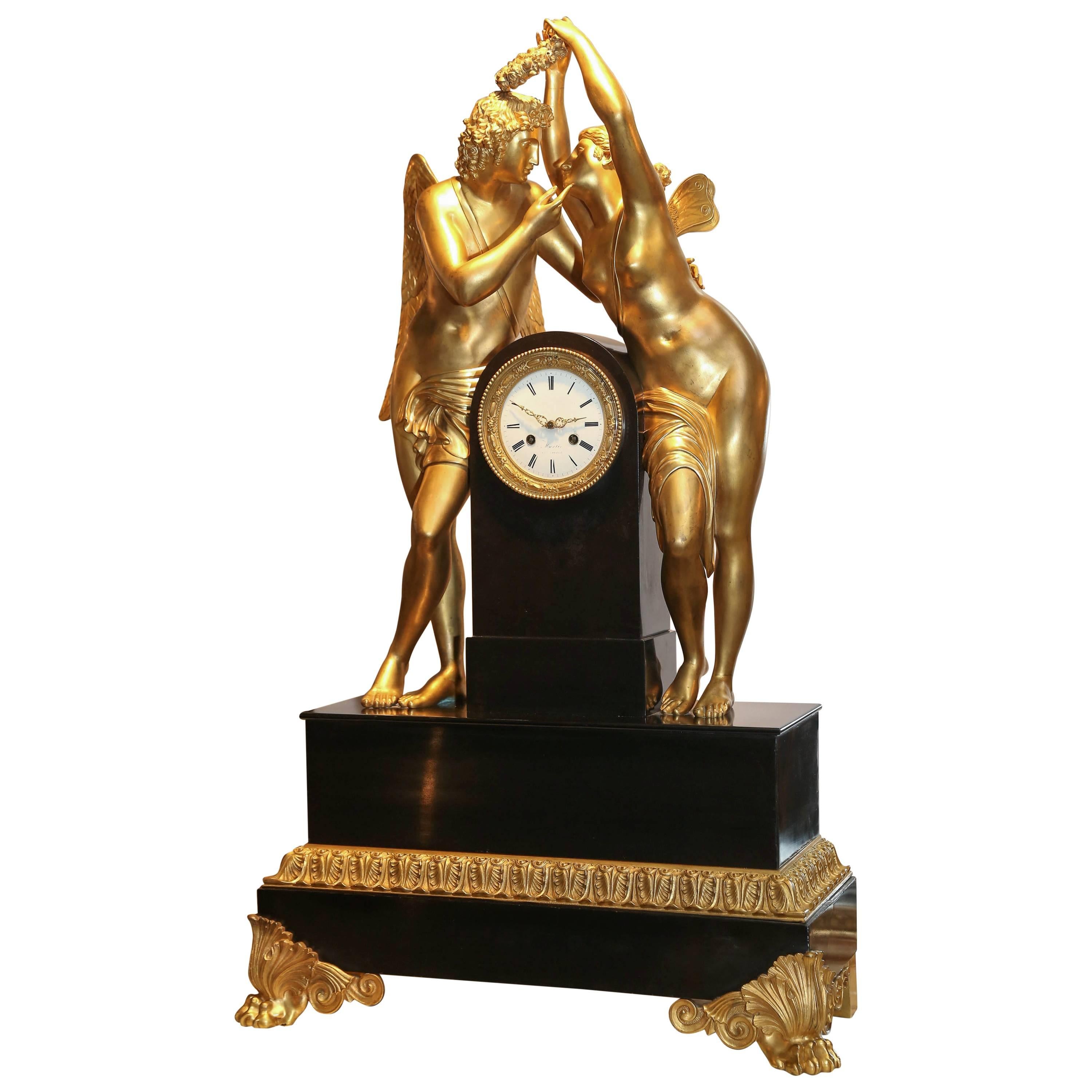 19th Century Bronze Doré and Marble Clock by Marti