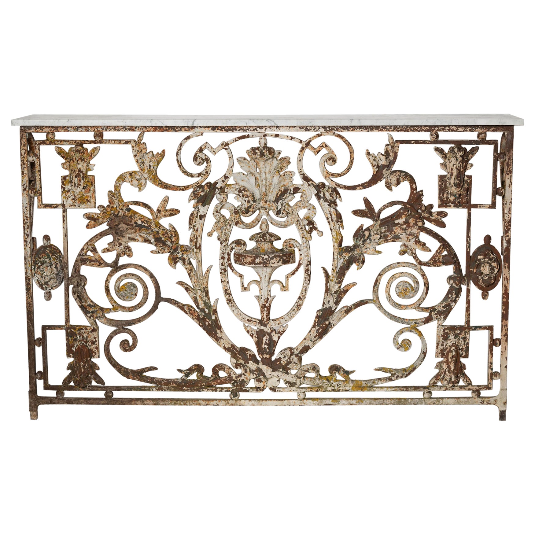 Antique French console table, cast iron, balcony, reclamation, marble, patina For Sale