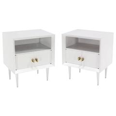 Pair of White Lacquer End Tables Nightstands Heavy Square Brass Pulls