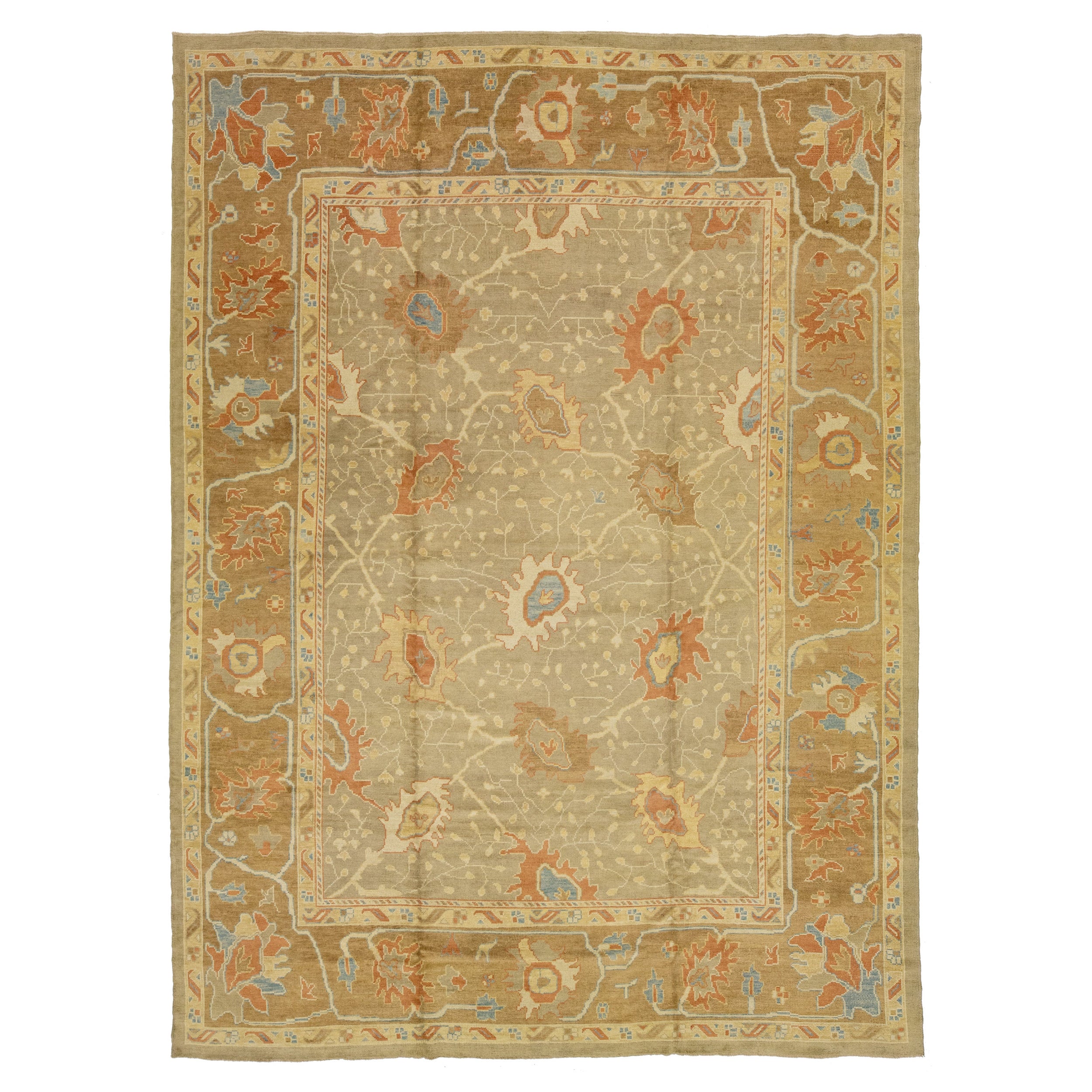 Oversize Modern Oushak Wool Rug In Tan Color with Floral Motif For Sale
