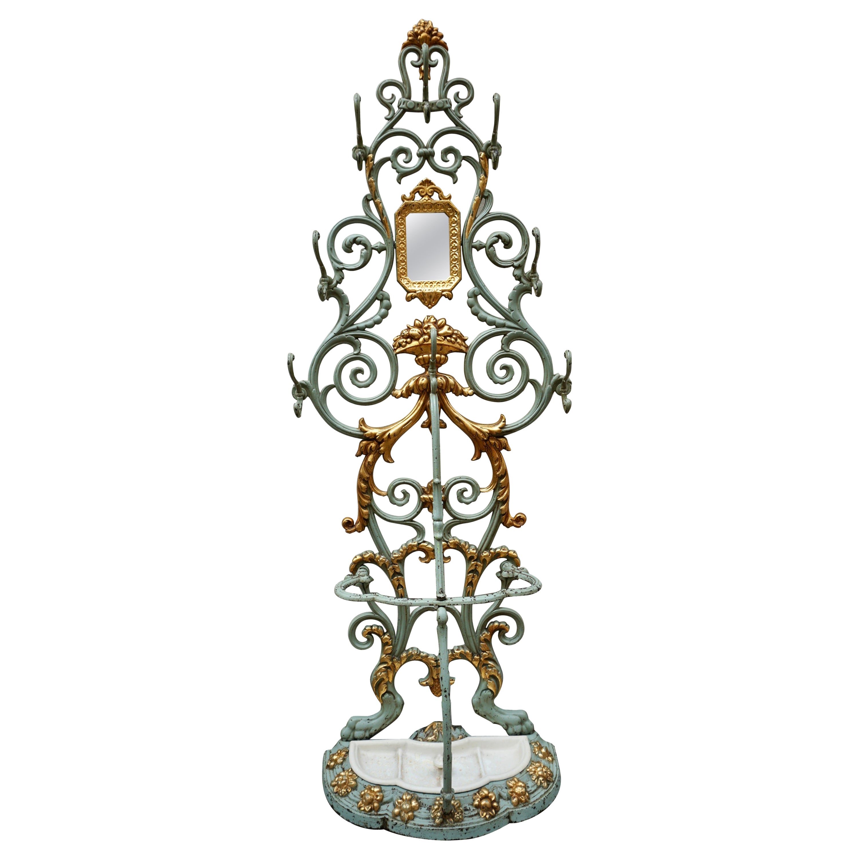 19th Century French Art Nouveau Cast Iron Painted and Gilded Hall Stand For Sale
