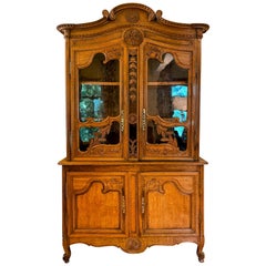 Antique French Carved Oak Glass Front Double Buffet