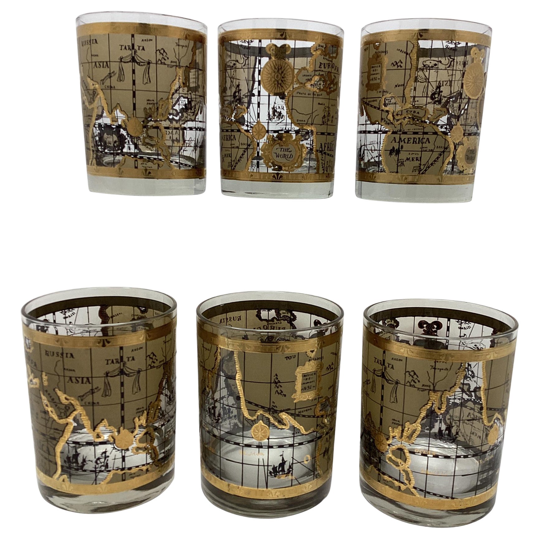 Set of 6 Cera Old World Map Double Rocks Glasses For Sale