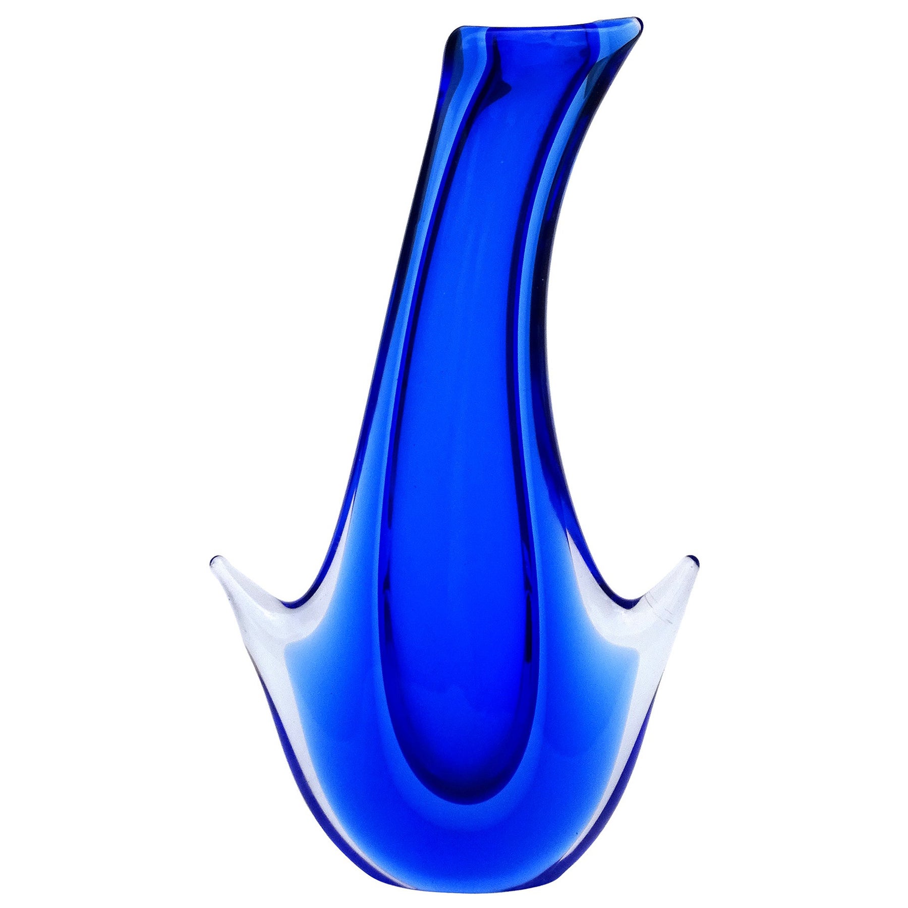 Murano Sommerso Vintage Cobalt Blue Italian Midcentury Art Glass Flower Vase For Sale