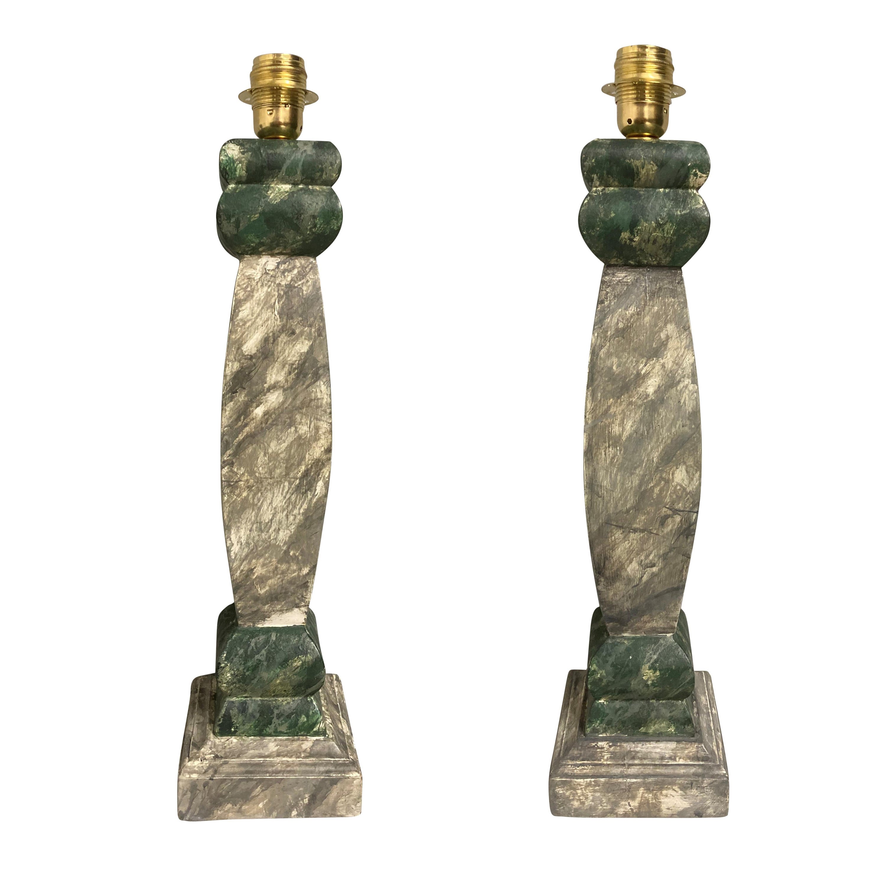 Pair Of Italian Faux Marble Balustrade Lamps For Sale