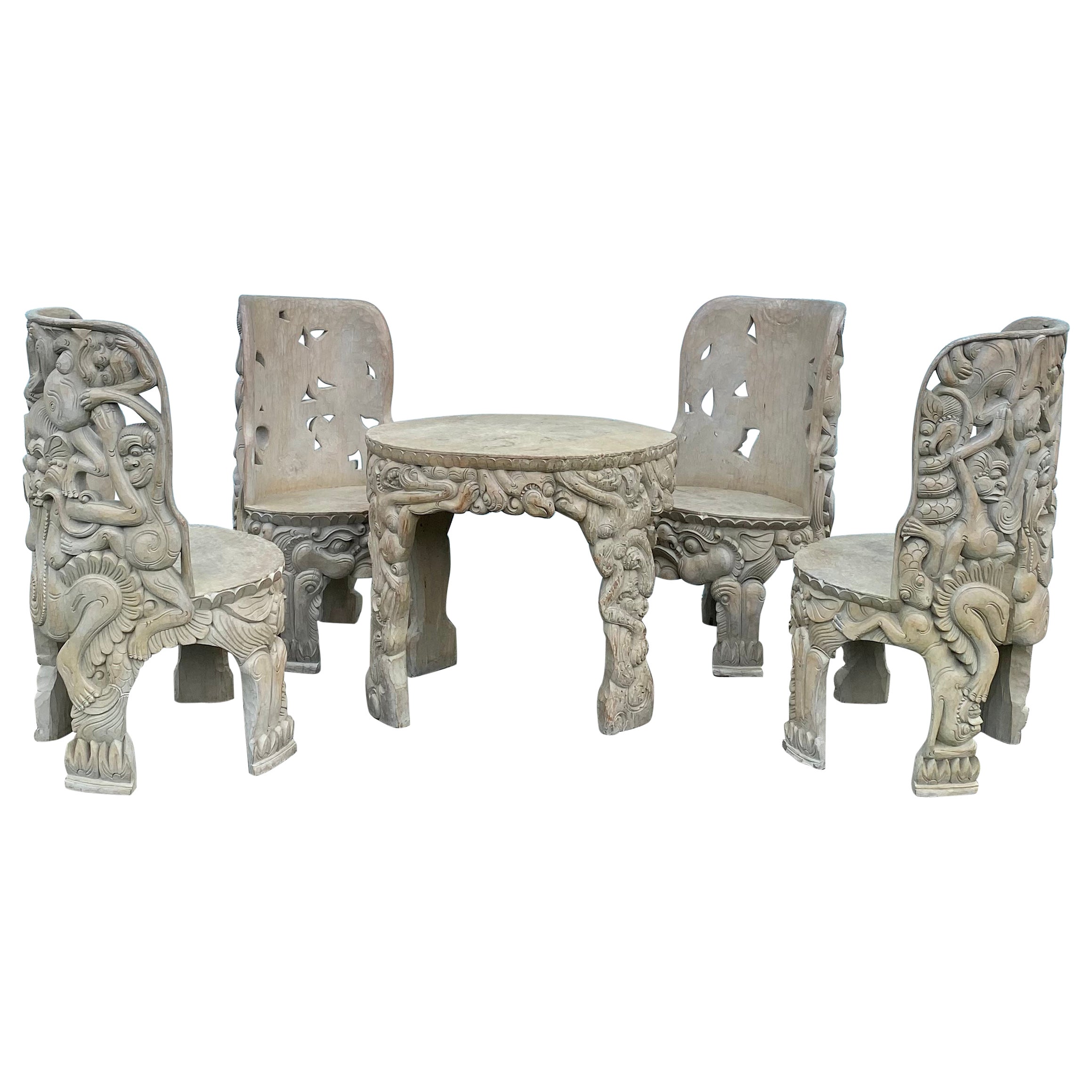 1940s Heavily Hand Carved Folk Art Figurative Chairs Table Set, Set of 5 For Sale