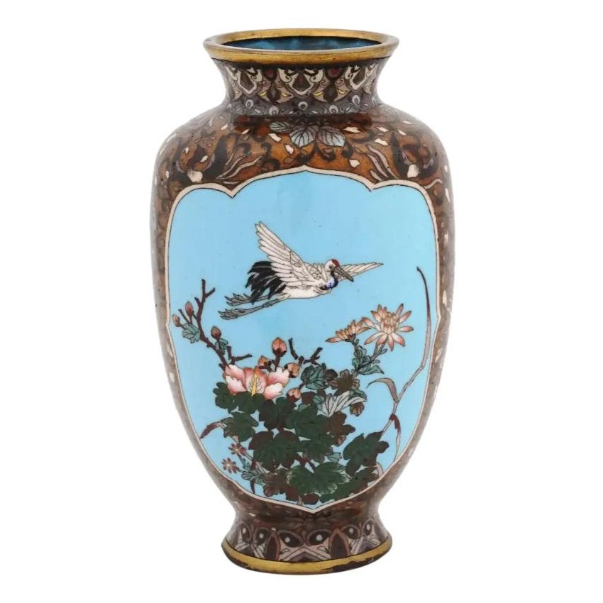 Hochwertige antike japanische Meiji-Cloisonné-Emaille-Vase aus Cloisonné-Emaille, doppelseitiger Mond und  im Angebot