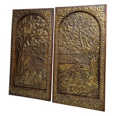 Pair Set Antique French Embossed Brass Arched Panel Wall Repousse Brittany