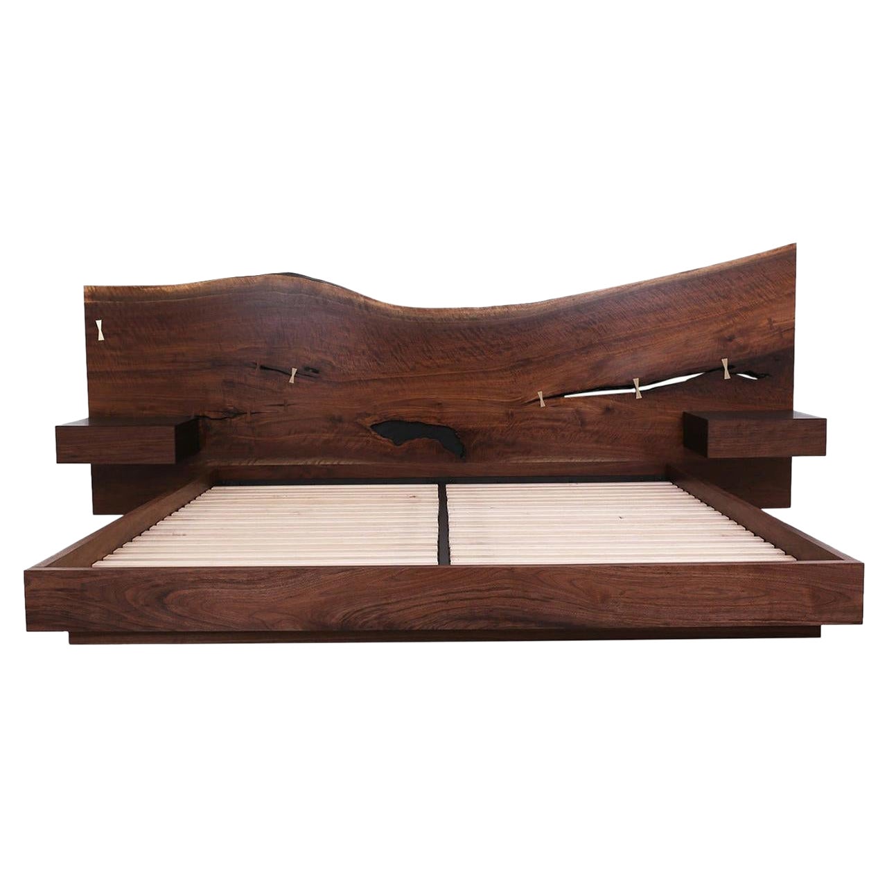 St. Pierre King Bed, Bleached Maple Slab Headboard and Built in Nightstands For Sale