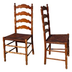 Arts & Crafts Wood Ladder Back Chairs with Woven Rush Seats, Set of 2 - 1920s