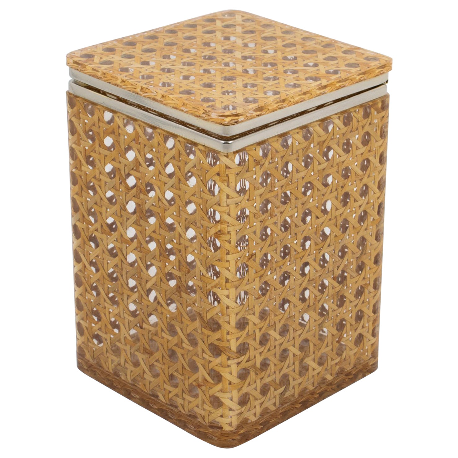 Mid Century Chrome, Lucite and Rattan Tall Box, Italy 1970s For Sale