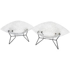 Vintage Mid Century Modern Bertoia Large White Wire Diamond Chairs