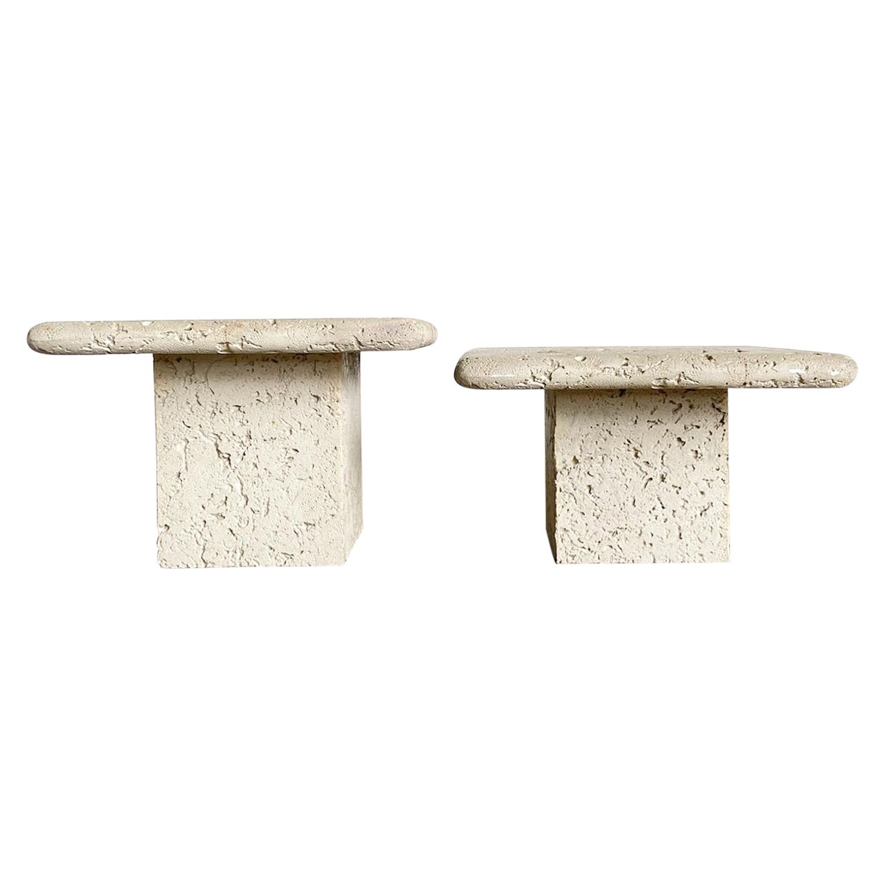 Faux Coquina Coral Cast Cement Square Top Mushroom Nesting Tables - a Pair
