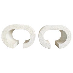 Postmodern Off-white Stucco Smoked Glass Top Scroll Side Tables - a Pair