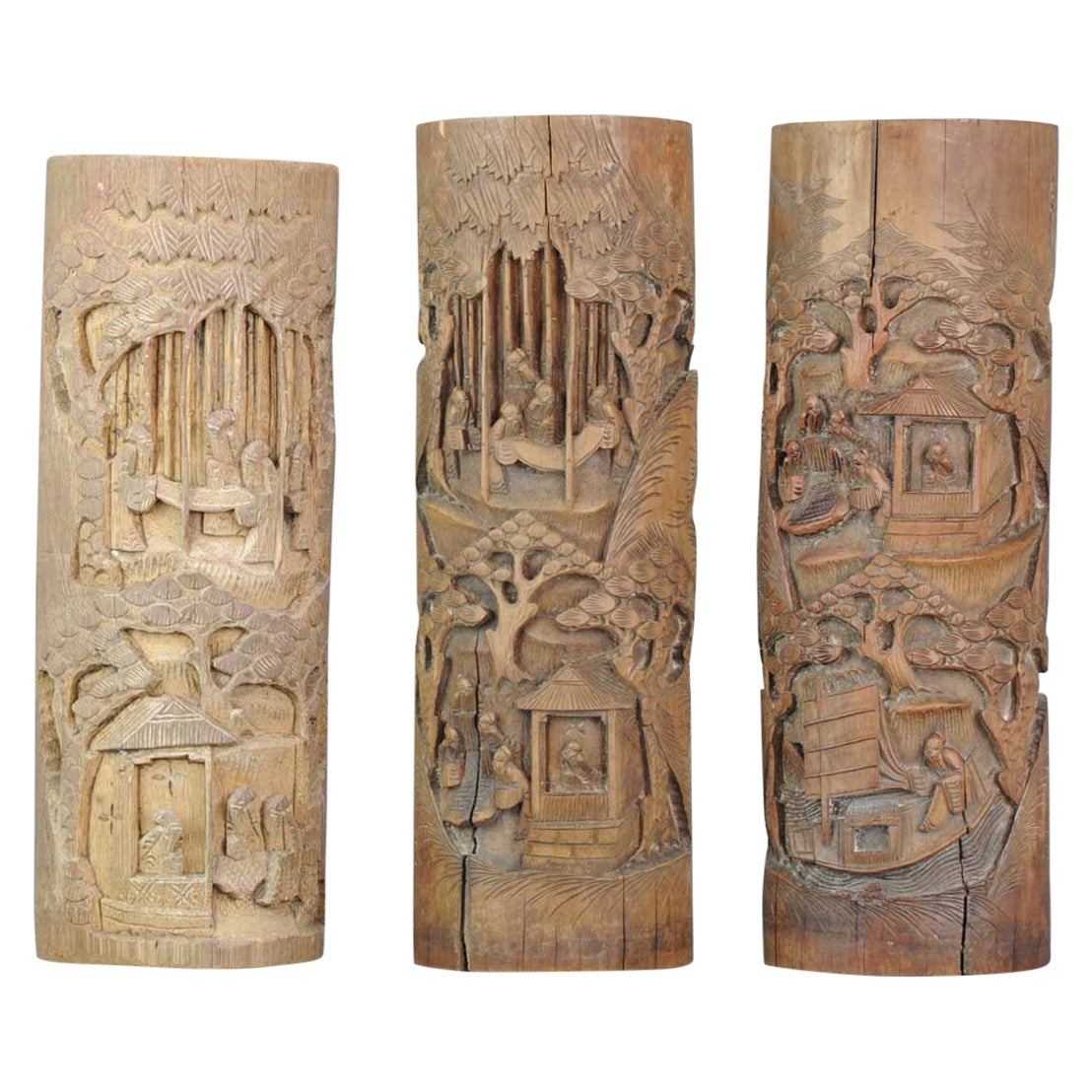 Set of 3 Antique Bamboo Pencil Beaker Chinese Late Qing Mirroring, ca 1900 For Sale