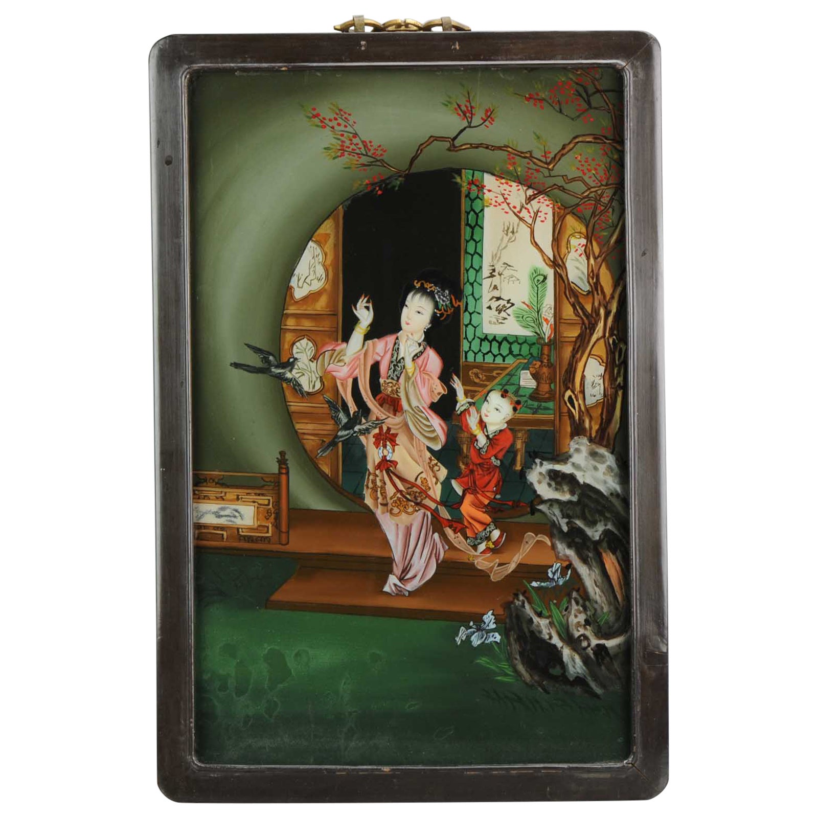 Very fine Chinese Behind Glass Painting Lady with child in House, 20th Century